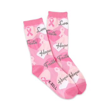 pink crew socks with ribbon and heart design. breast cancer awareness socks for women.  