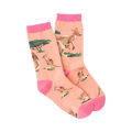 A pair of peach crew socks with pink cuffs, featuring a repeating pattern of kangaroos and small green bushes.