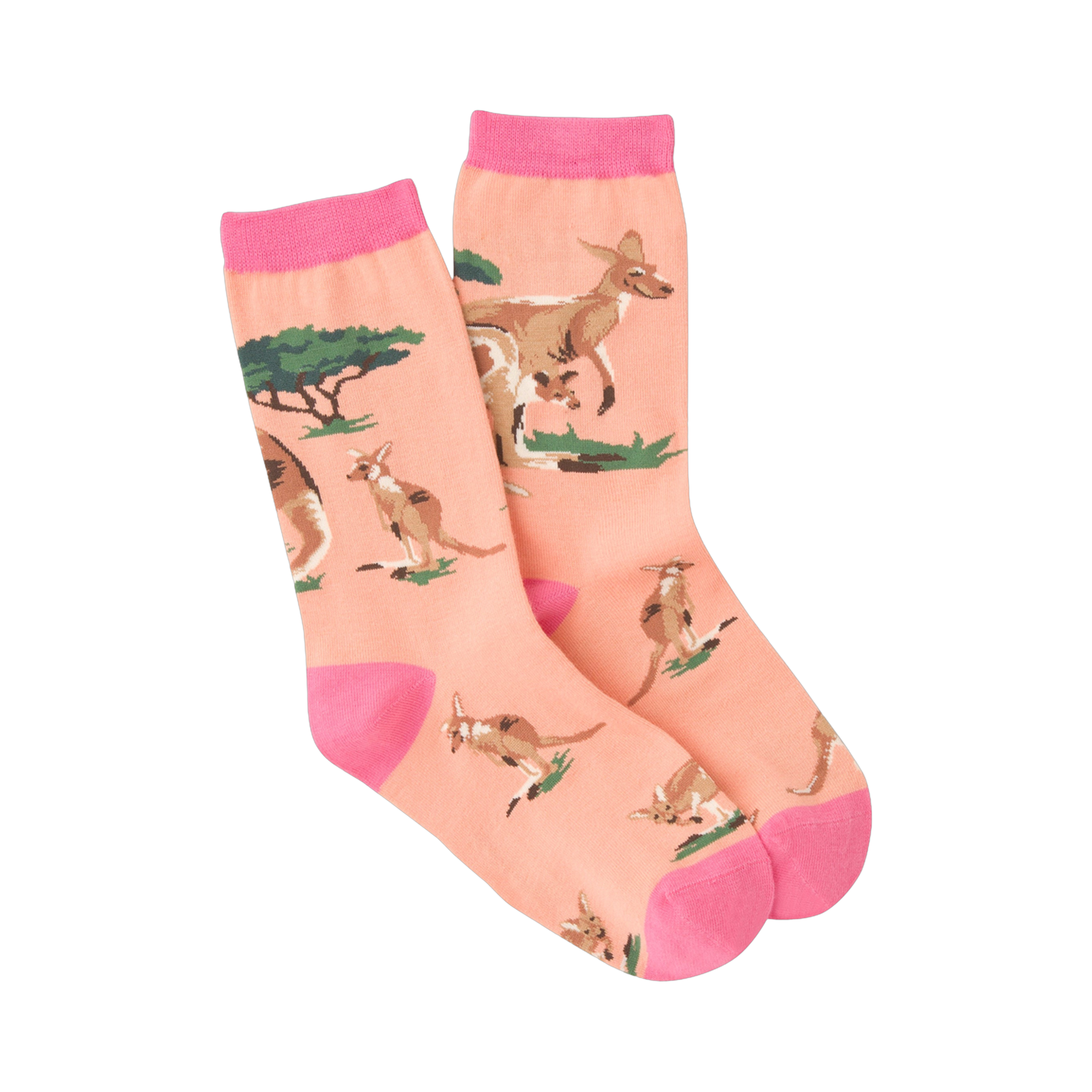 A pair of peach crew socks with pink cuffs, featuring a repeating pattern of kangaroos and small green bushes.