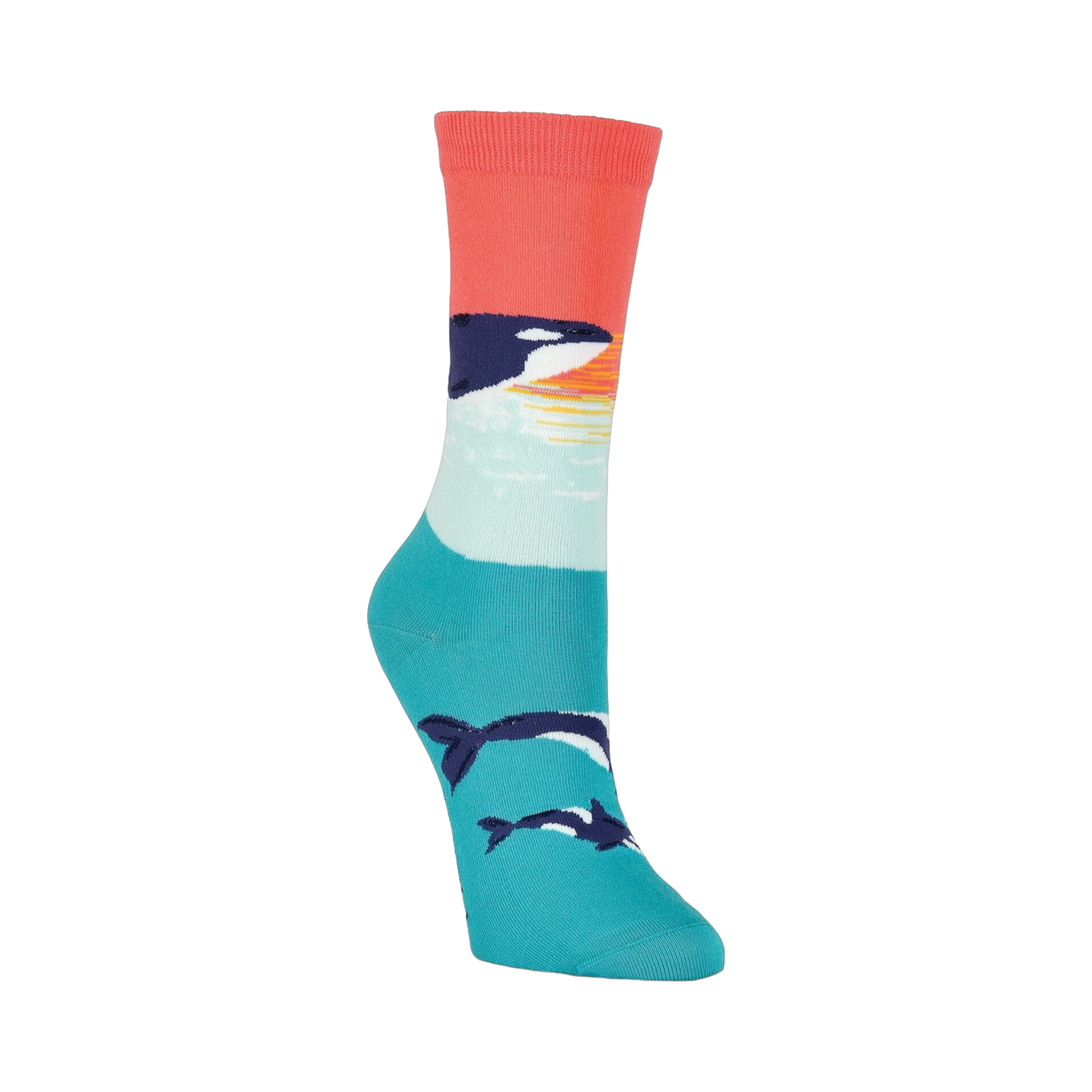Lifestyle shot showcasing the Orca Whale socks on a model's feet, highlighting their fit and color in a casual setting.