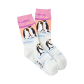 Crew socks in pastel pink, peach, and mint green featuring an illustration of Emperor penguins on ice floes.