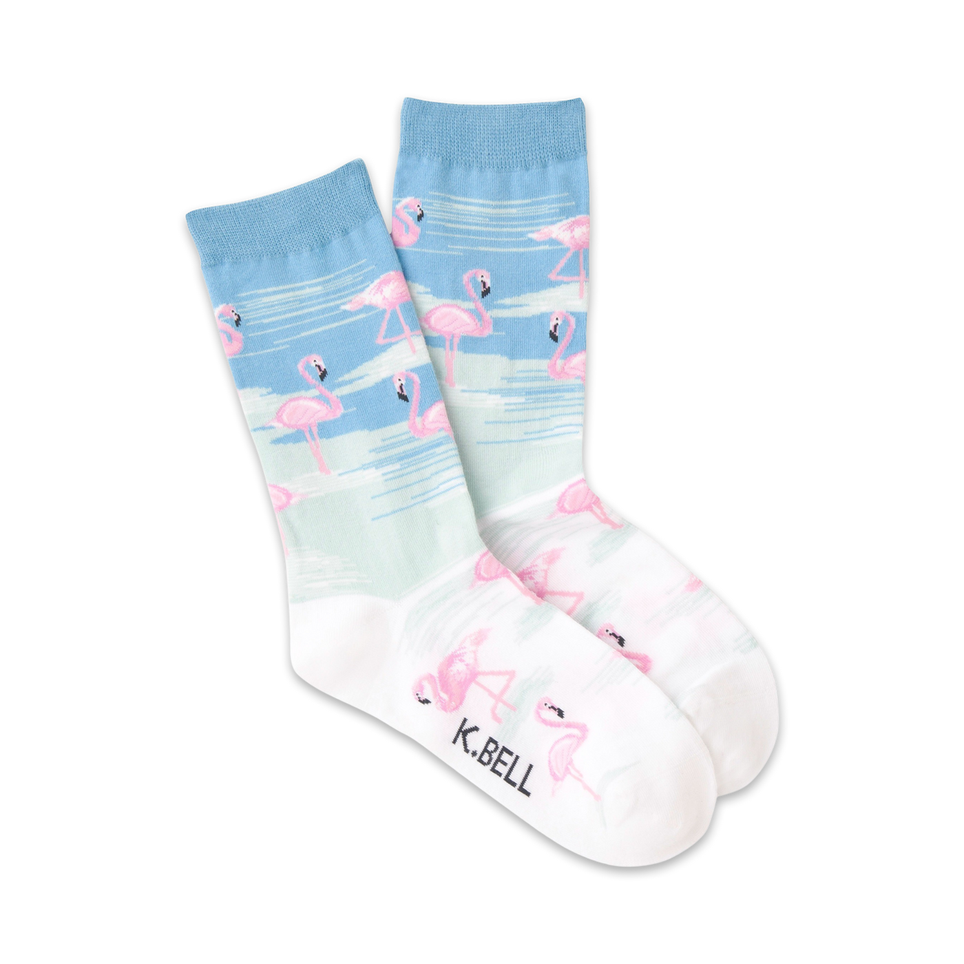 Pair of crew socks featuring pink flamingos on a light blue and white ombre background.