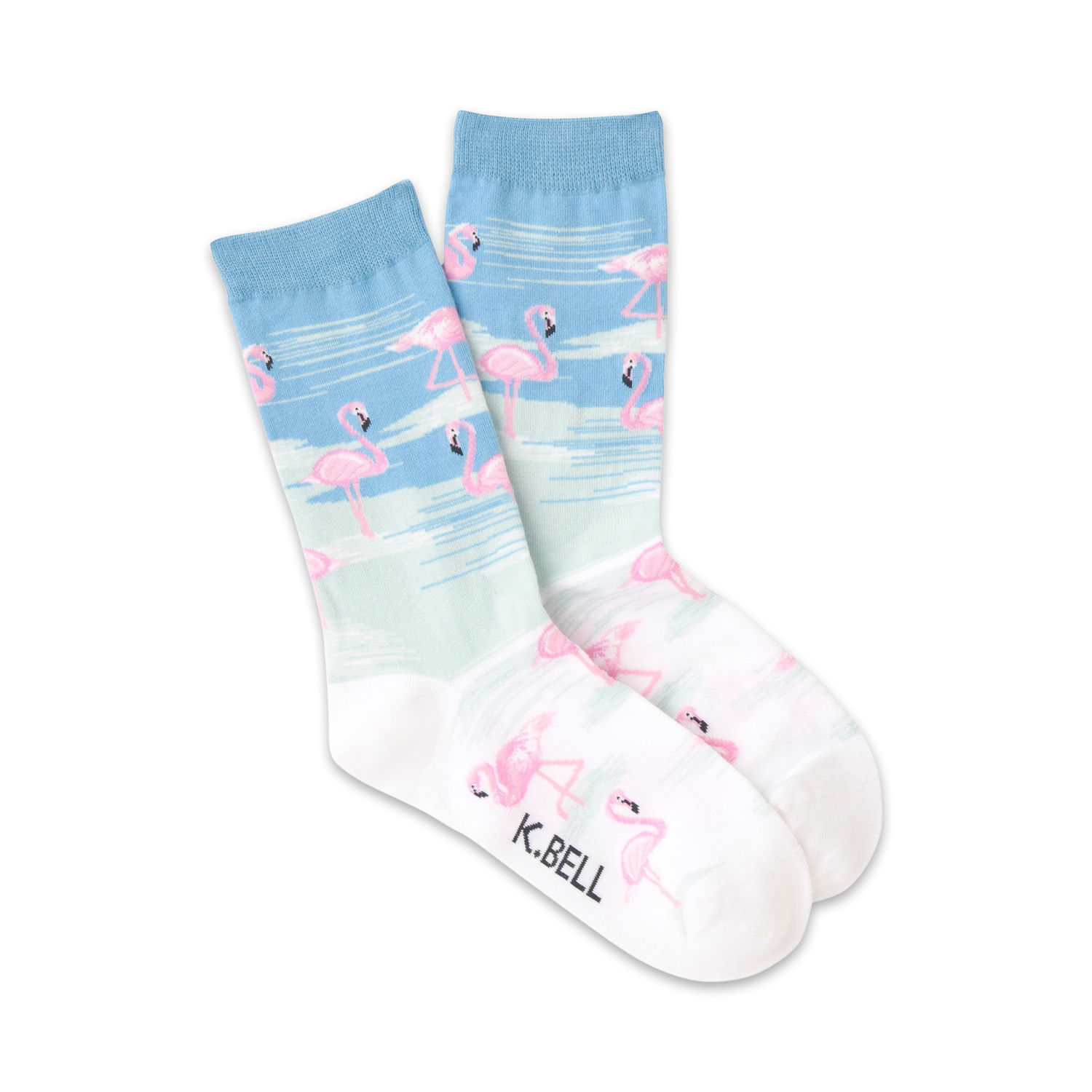 Pair of crew socks featuring pink flamingos on a light blue and white ombre background.