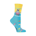 Crew socks in yellow, light blue, and pink. Feature a cartoon hippo in a bikini holding a cocktail, with 'It's 5 O’Clock Somewhere' text and colorful fish.