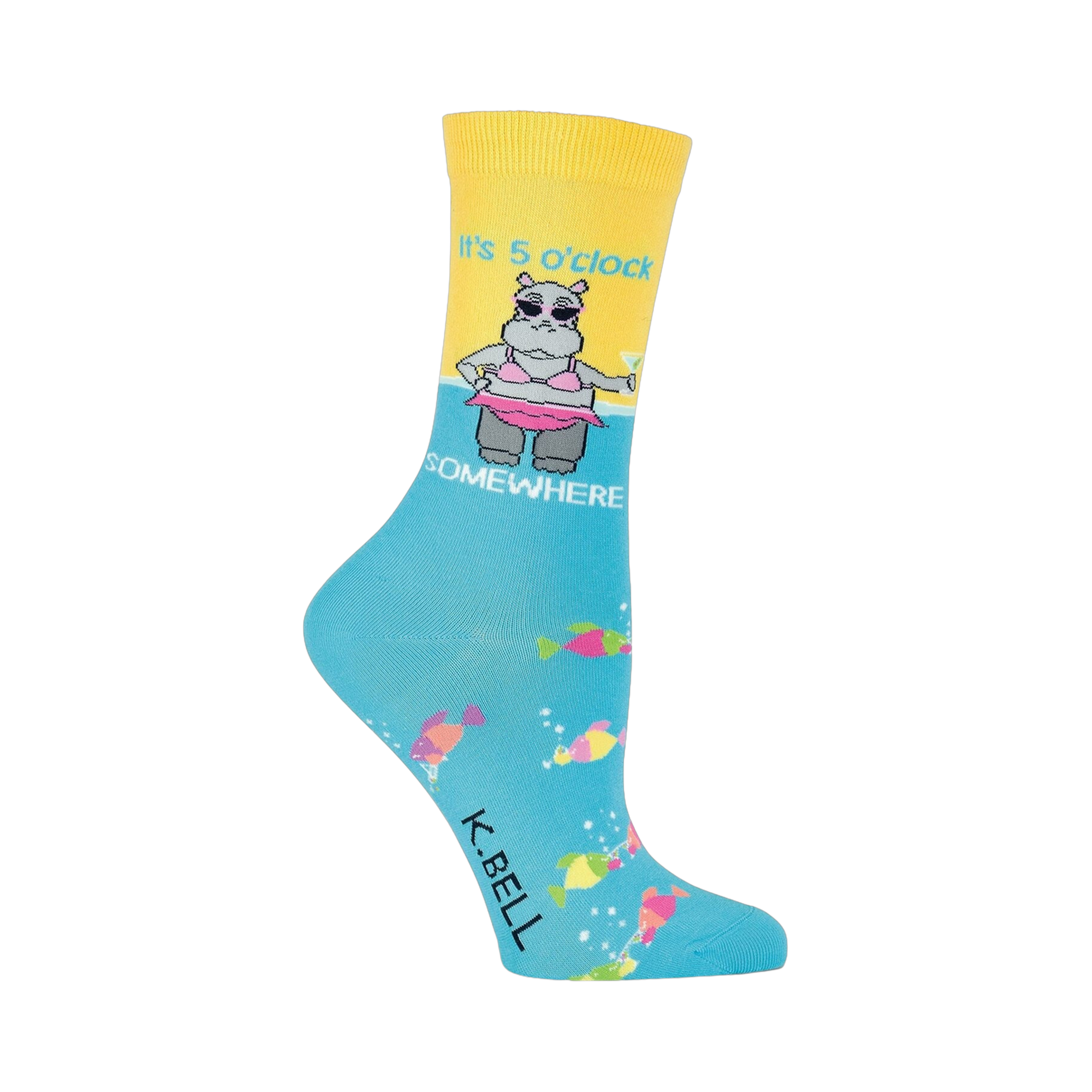 Crew socks in yellow, light blue, and pink. Feature a cartoon hippo in a bikini holding a cocktail, with 'It's 5 O’Clock Somewhere' text and colorful fish.