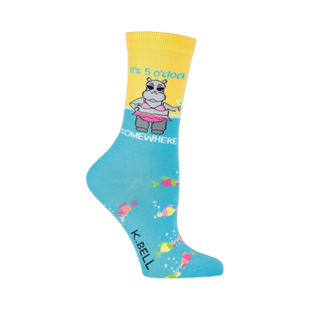 Crew socks in yellow, light blue, and pink. Feature a cartoon hippo in a bikini holding a cocktail, with 'It's 5 O’Clock Somewhere' text and colorful fish.
