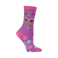 Purple crew socks with pink accents.  The design includes three sloths hanging on a branch and scattered donuts.