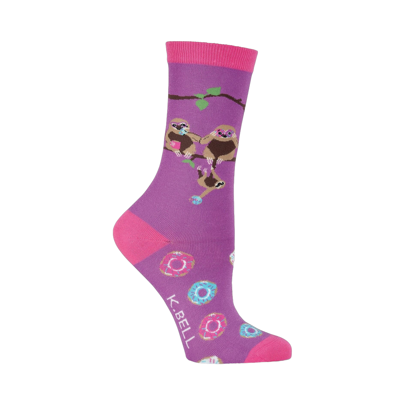 Purple crew socks with pink accents.  The design includes three sloths hanging on a branch and scattered donuts.