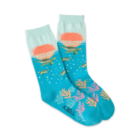 blue crew-length socks for women featuring sea turtles, coral, and sunset design.   