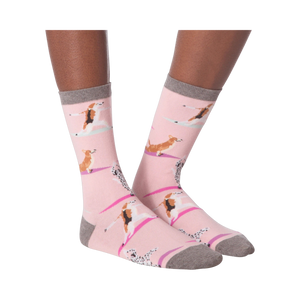 Flat lay of Yoga Dogs socks on a neutral background, showcasing the entire design.