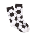 A pair of crew socks in black and white, featuring a soccer ball design. The socks are shown folded.
