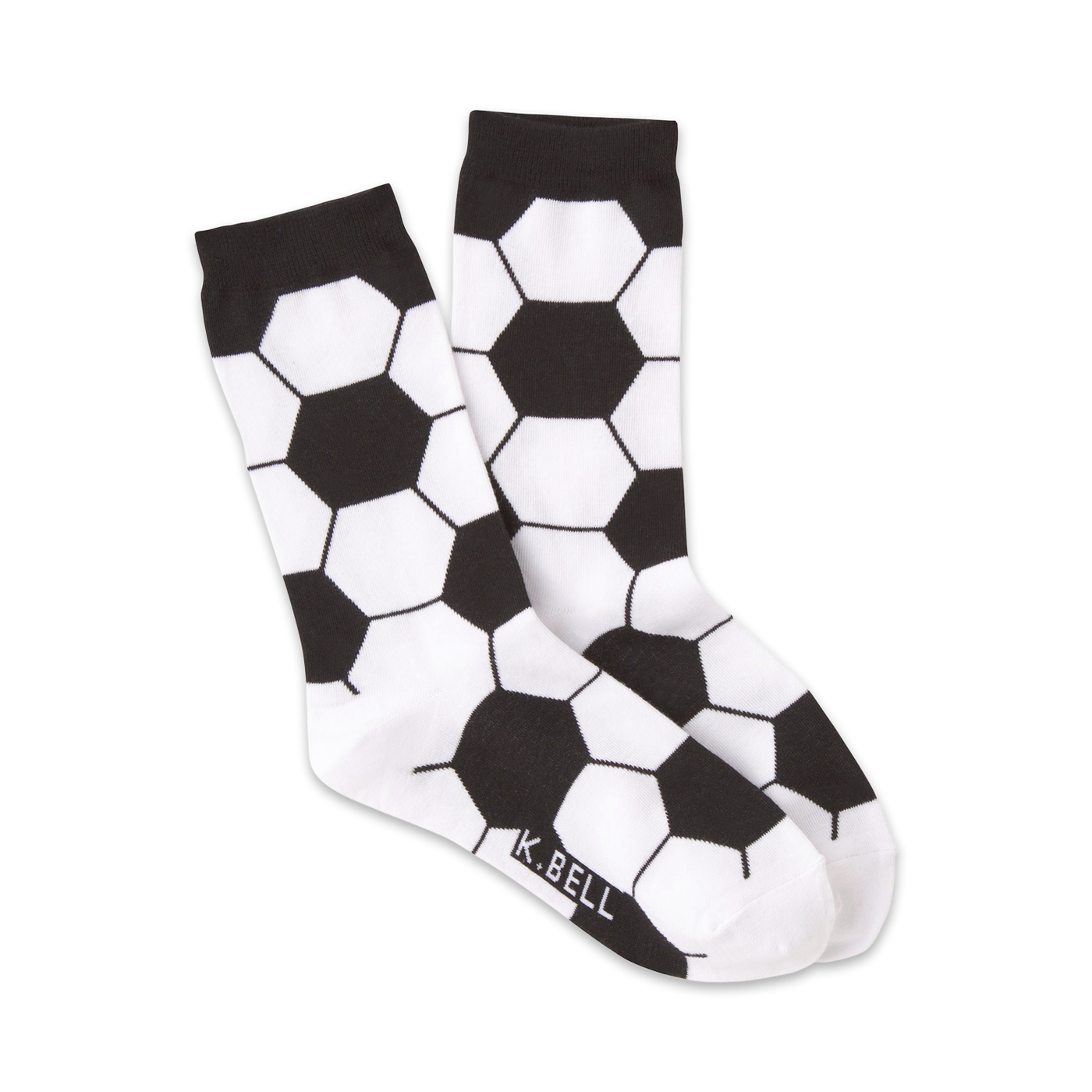A pair of crew socks in black and white, featuring a soccer ball design. The socks are shown folded.