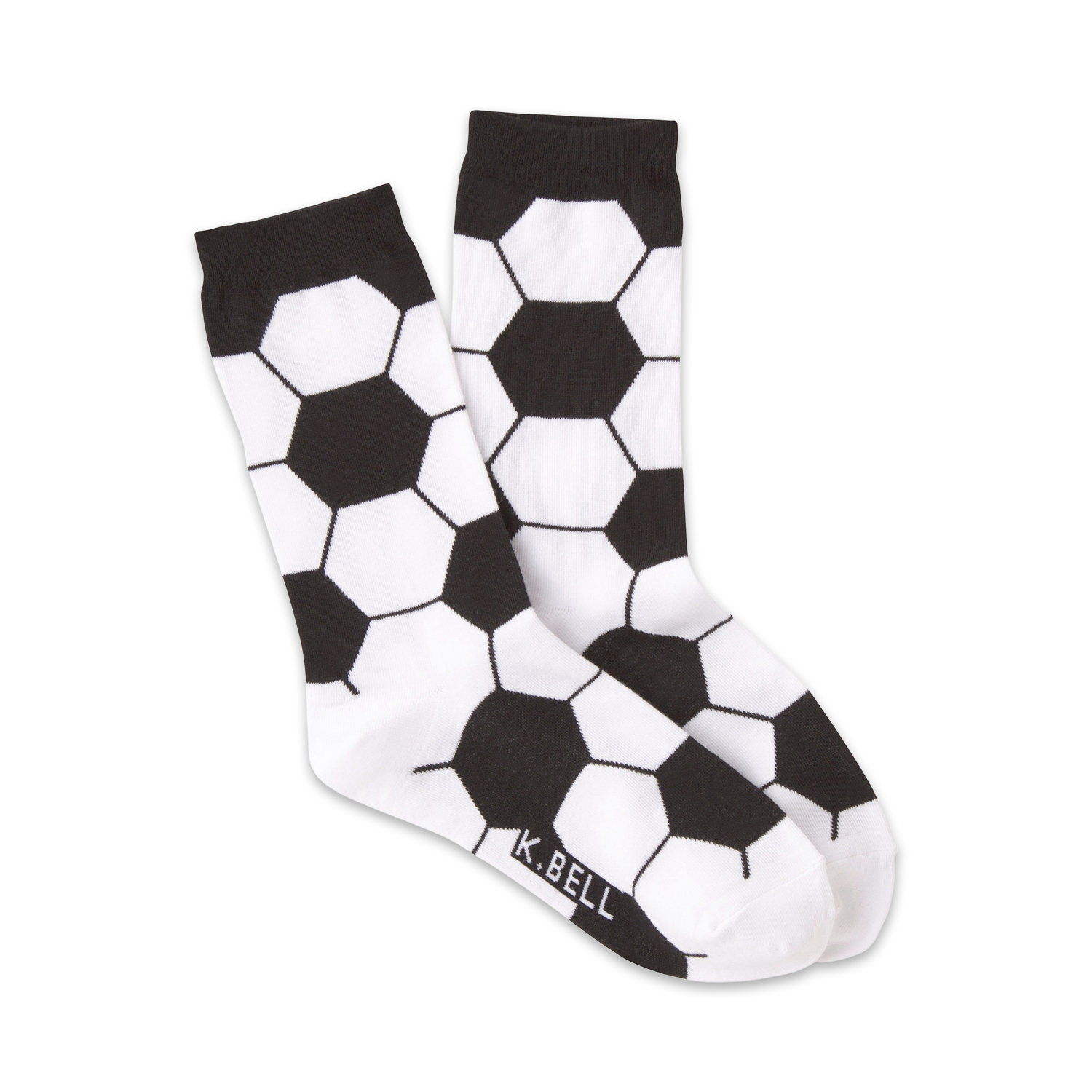 A pair of crew socks in black and white, featuring a soccer ball design. The socks are shown folded.