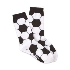 black and white crew socks with a pattern of black pentagons with white centers representing soccer balls. 