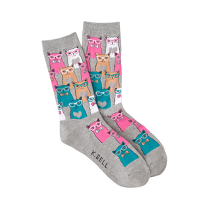 Pair of grey Smarty Cats socks shown on a white background.