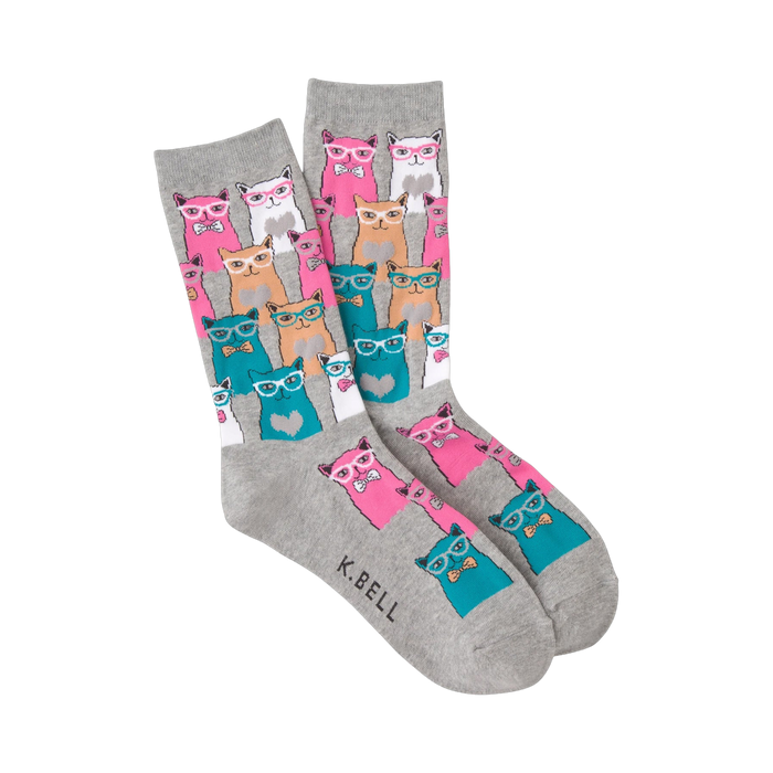 Pair of grey Smarty Cats socks shown on a white background.