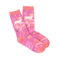 Pair of pink crew socks with an Aries zodiac theme.  Features rams, stars, and swirling designs in shades of pink and orange.
