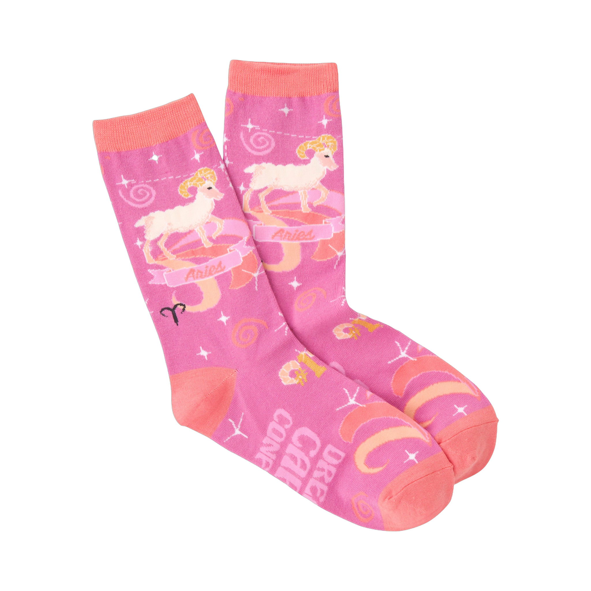 Pair of pink crew socks with an Aries zodiac theme.  Features rams, stars, and swirling designs in shades of pink and orange.