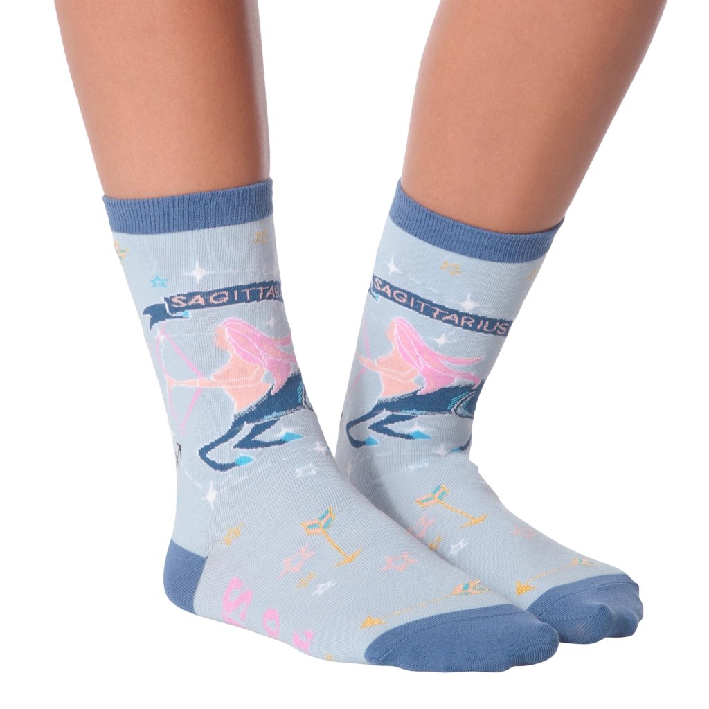 Flat lay of a pair of Sagittarius socks showcasing the design details.