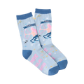 Pair of light blue crew socks with a Sagittarius zodiac design. Features pink Sagittarius figure, arrows, and stars.