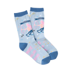 Pair of light blue crew socks with a Sagittarius zodiac design. Features pink Sagittarius figure, arrows, and stars.