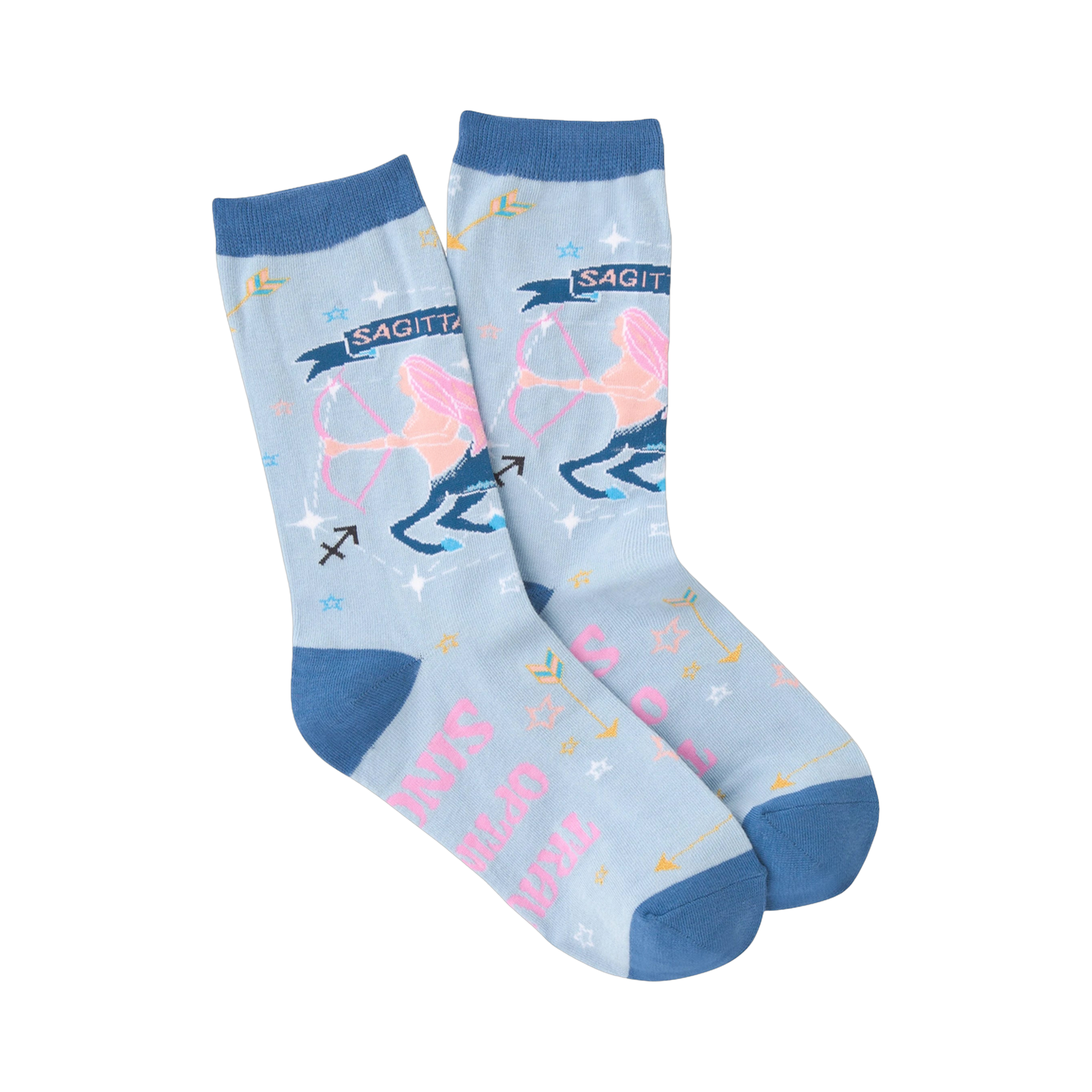 Pair of light blue crew socks with a Sagittarius zodiac design. Features pink Sagittarius figure, arrows, and stars.