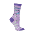 Crew socks in lavender featuring Pisces fish, bubbles, and a 'Don't Worry, Be Cappy' message. Light teal and green accents.