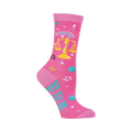 Pink crew socks with a Libra design. Features a gold scale, teal planets, stars, and the text 'Rock your balance'.