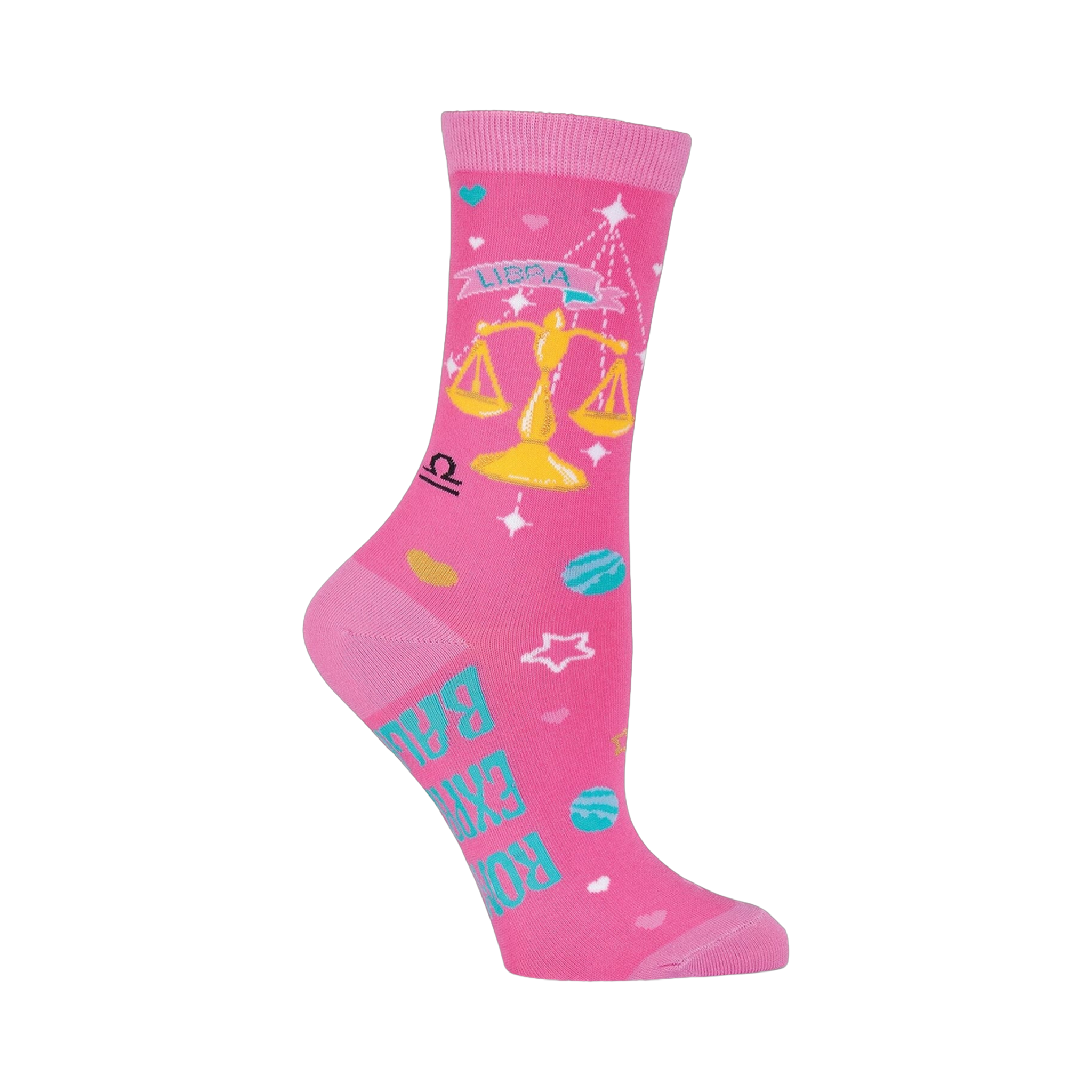 Pink crew socks with a Libra design. Features a gold scale, teal planets, stars, and the text 'Rock your balance'.