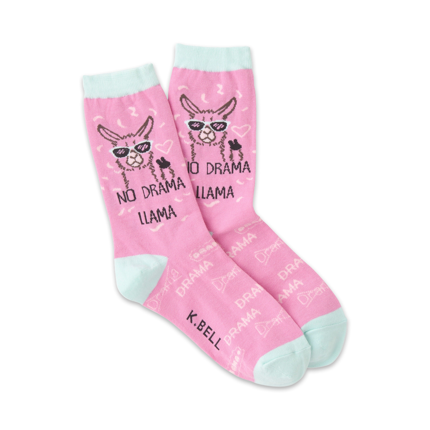 A pair of pink crew socks with a cute llama wearing sunglasses. The socks say 'No Drama Llama' and feature a light blue cuff.