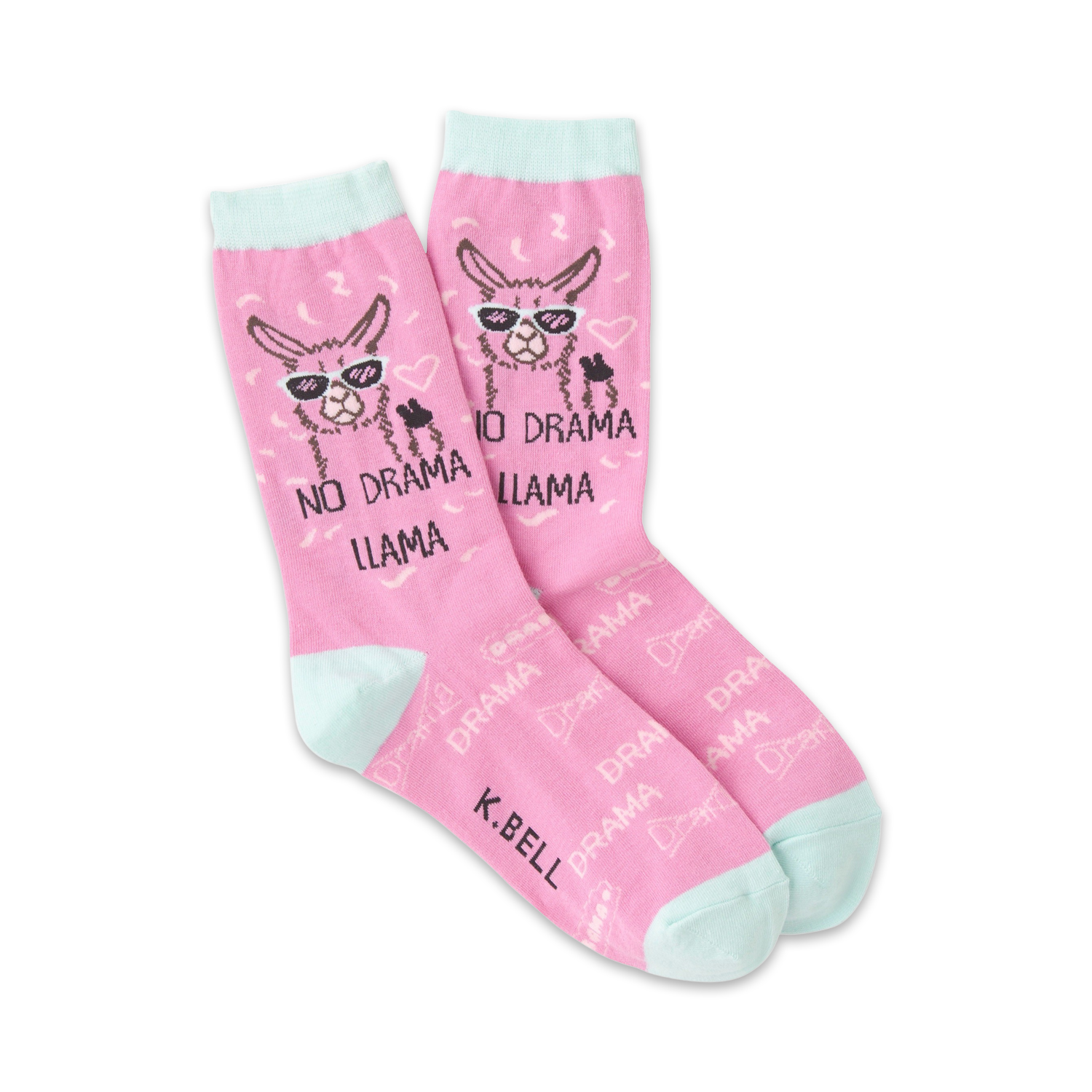 A pair of pink crew socks with a cute llama wearing sunglasses. The socks say 'No Drama Llama' and feature a light blue cuff.