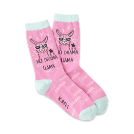 pink crew socks with a llama, hearts, and "no drama llama" written on them, made specifically for women.  