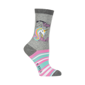 Crew socks in grey, pink, and teal.  Feature a unicorn graphic with rainbow mane and the text 'Them Me!'