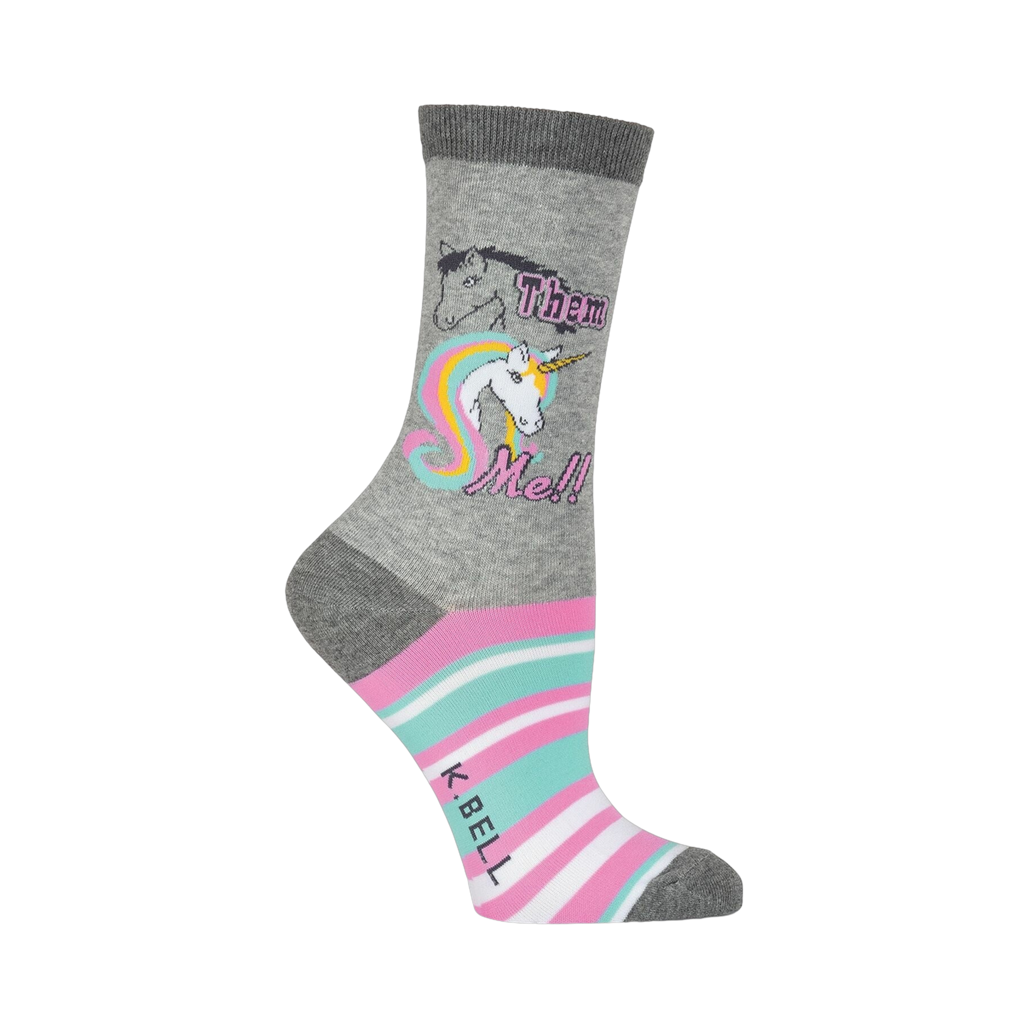 Crew socks in grey, pink, and teal.  Feature a unicorn graphic with rainbow mane and the text 'Them Me!'