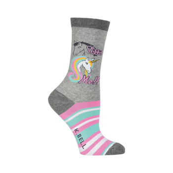 Crew socks in grey, pink, and teal.  Feature a unicorn graphic with rainbow mane and the text 'Them Me!'
