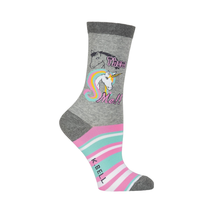 Crew socks in grey, pink, and teal.  Feature a unicorn graphic with rainbow mane and the text 'Them Me!' }}