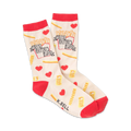 Cream crew socks with red cuffs.  The design includes cartoon french fries, hearts, and the text 'Fries Before Guys'.