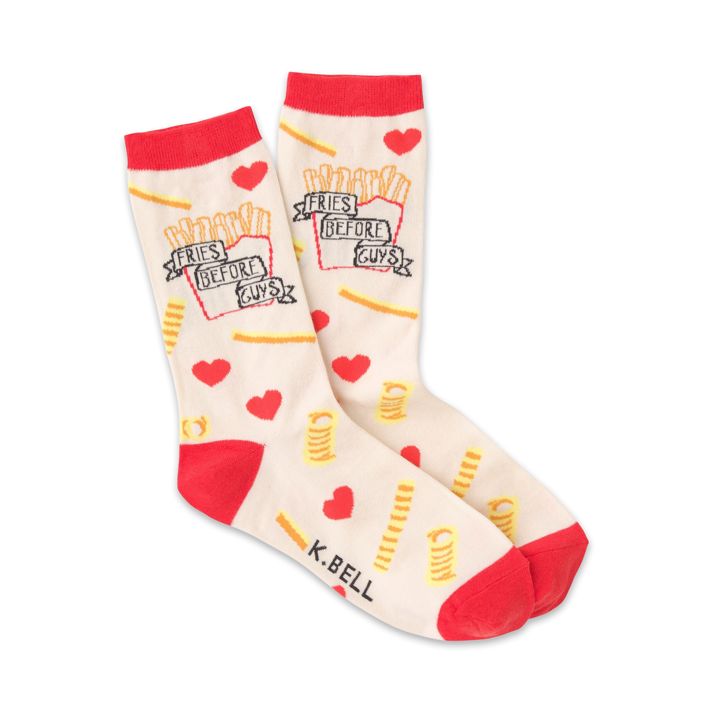 Cream crew socks with red cuffs.  The design includes cartoon french fries, hearts, and the text 'Fries Before Guys'.