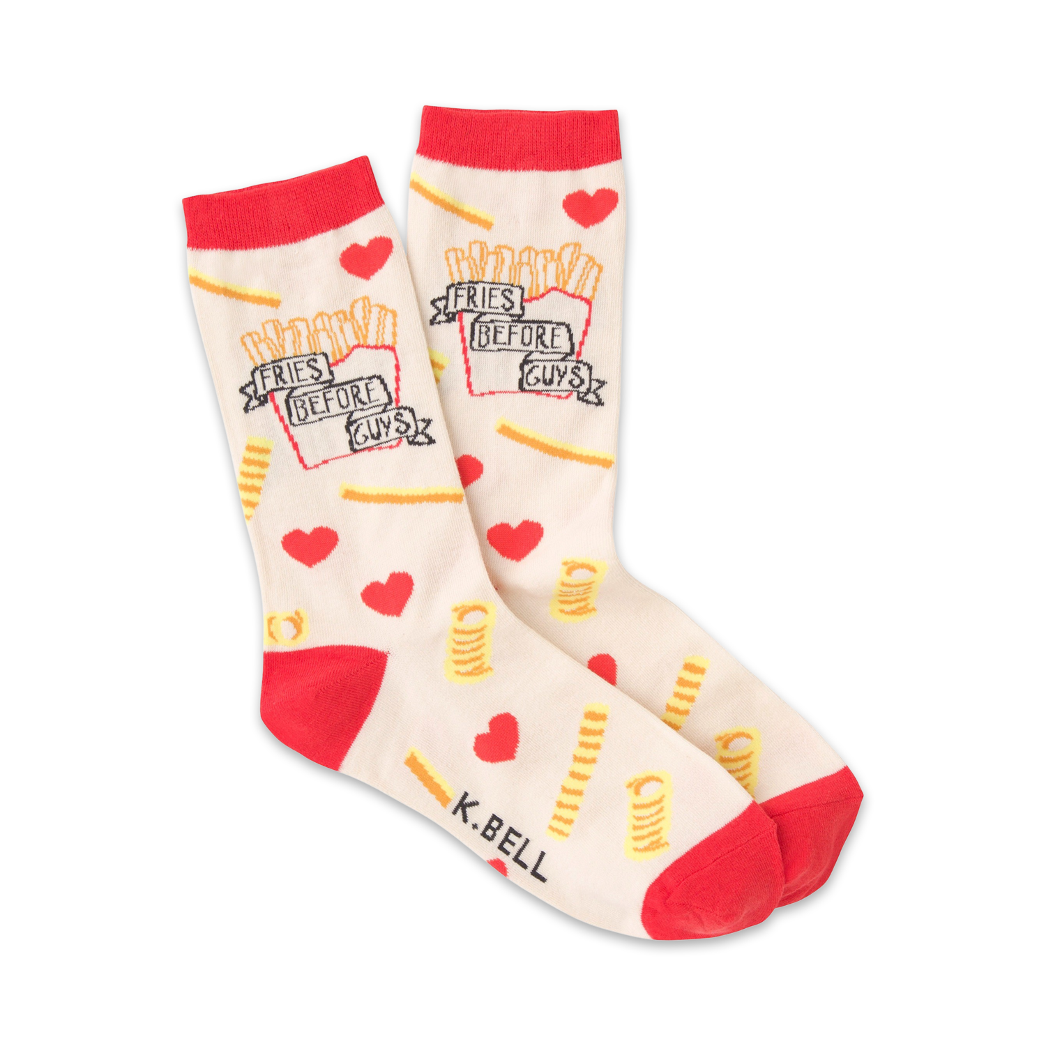 Cream crew socks with red cuffs.  The design includes cartoon french fries, hearts, and the text 'Fries Before Guys'.