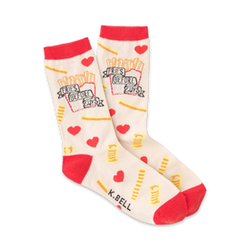 red and yellow womens socks featuring potato fries, hearts, and the slogan: "fries before guys".  