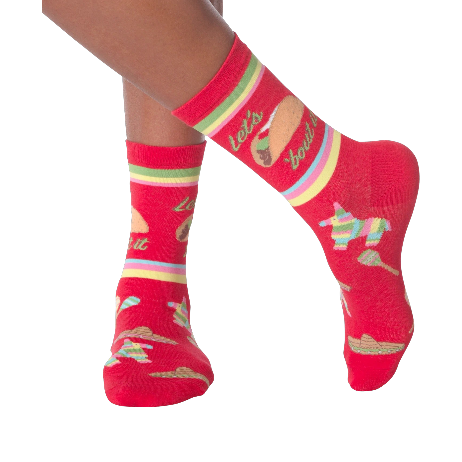 Lifestyle shot: Woman's legs wearing the 'Let's Taco Bout It' socks while casually holding a taco.