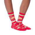 Pair of 'Let's Taco Bout It' socks on a black background, showcasing the full design.