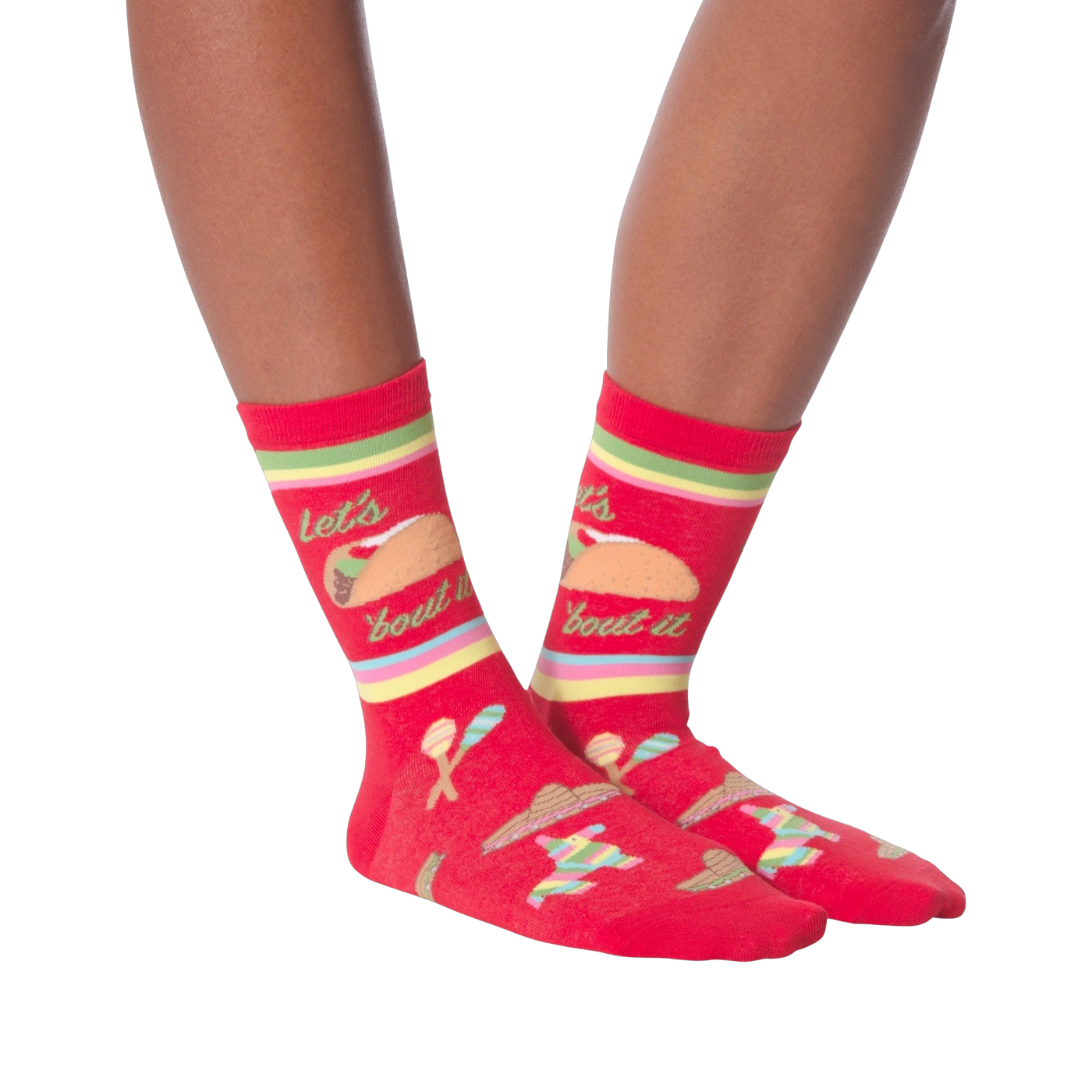 Pair of 'Let's Taco Bout It' socks on a black background, showcasing the full design.
