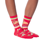 Pair of 'Let's Taco Bout It' socks on a black background, showcasing the full design.