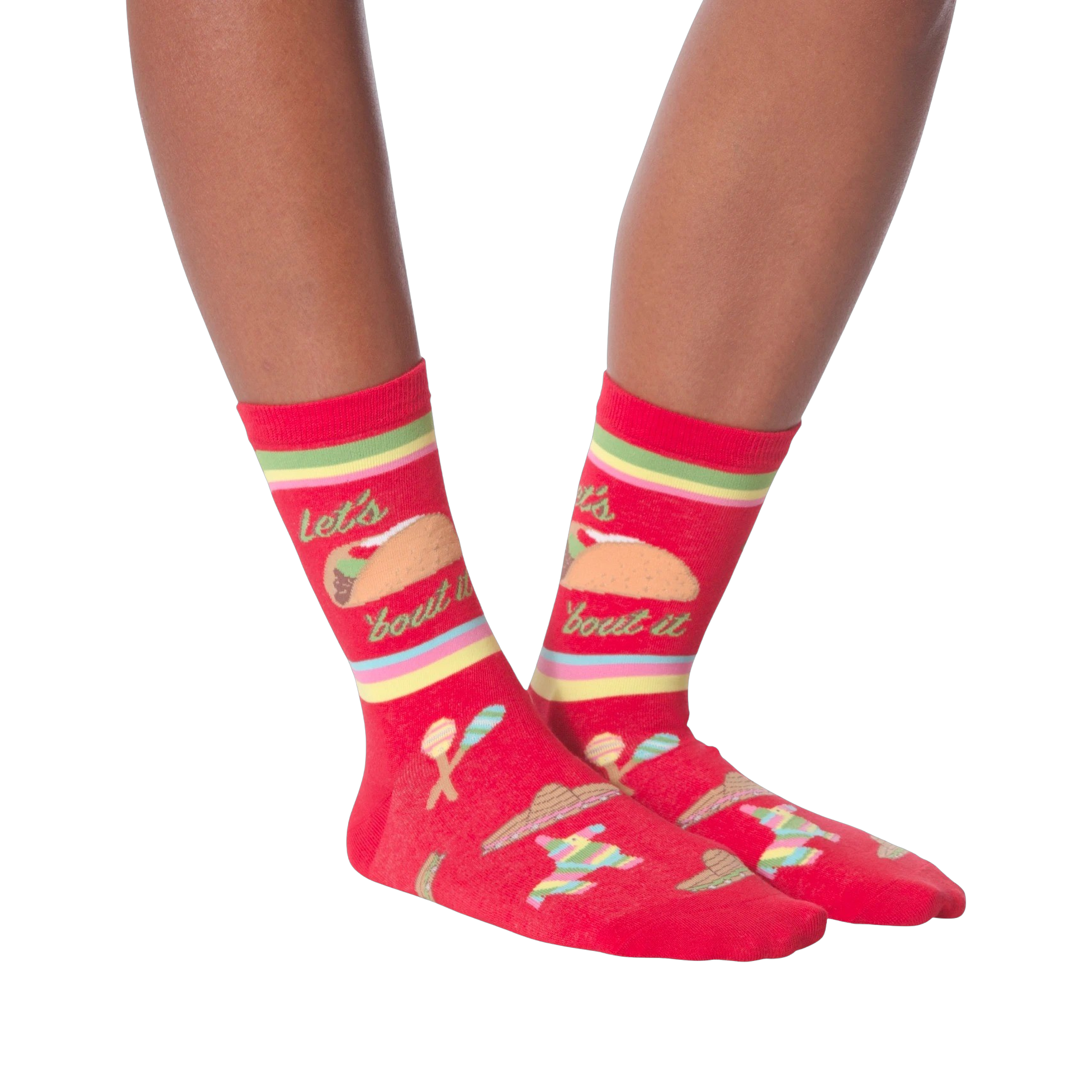 Pair of 'Let's Taco Bout It' socks on a black background, showcasing the full design.