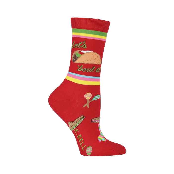 Close-up view of the 'Let's Taco Bout It' socks, highlighting the design details.