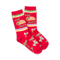 Pair of red crew socks with a taco graphic, 'Let's Taco Bout It' text, and fiesta-themed designs like a piñata and maracas.