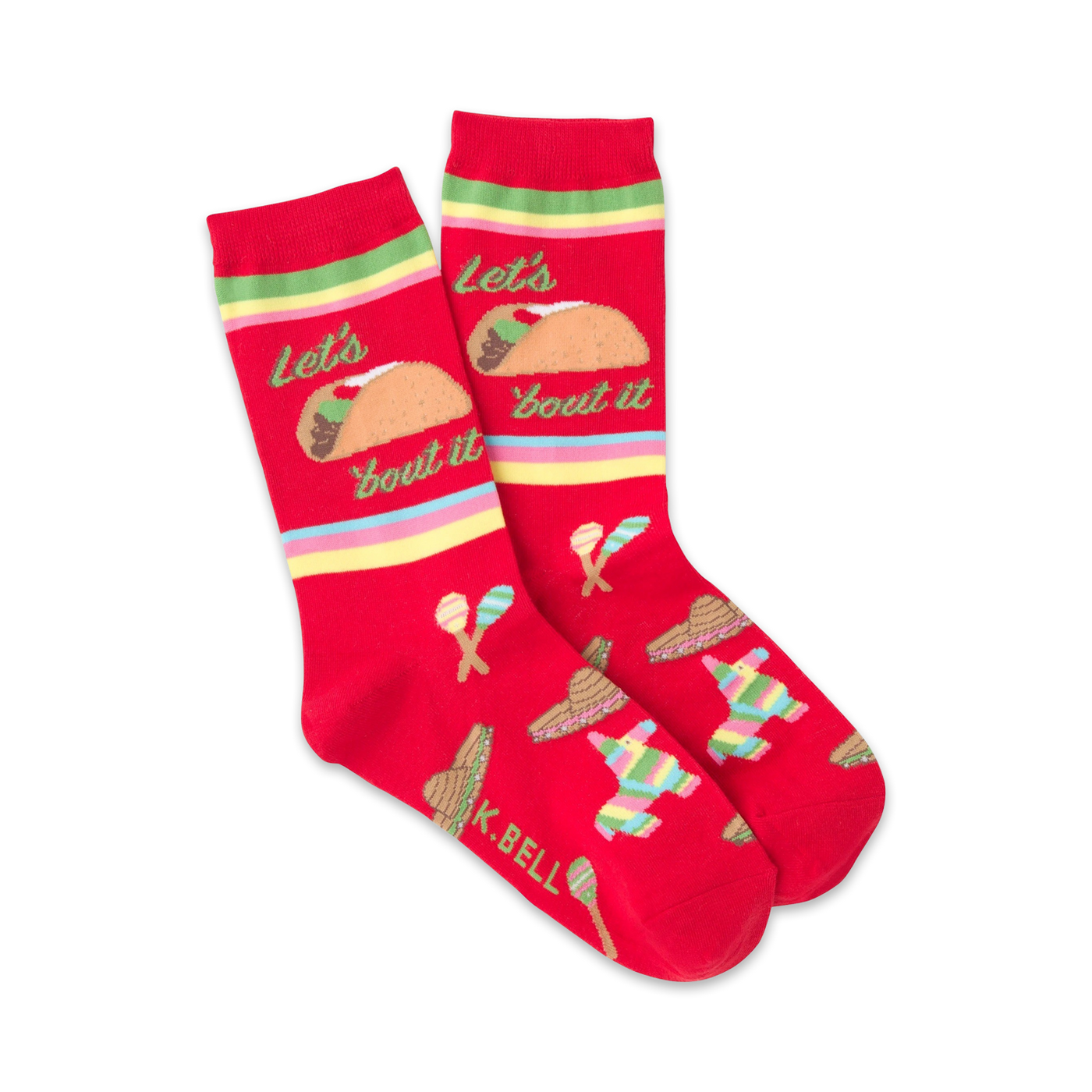 Pair of red crew socks with a taco graphic, 'Let's Taco Bout It' text, and fiesta-themed designs like a piñata and maracas.