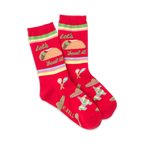 Pair of red crew socks with a taco graphic, 'Let's Taco Bout It' text, and fiesta-themed designs like a piñata and maracas.