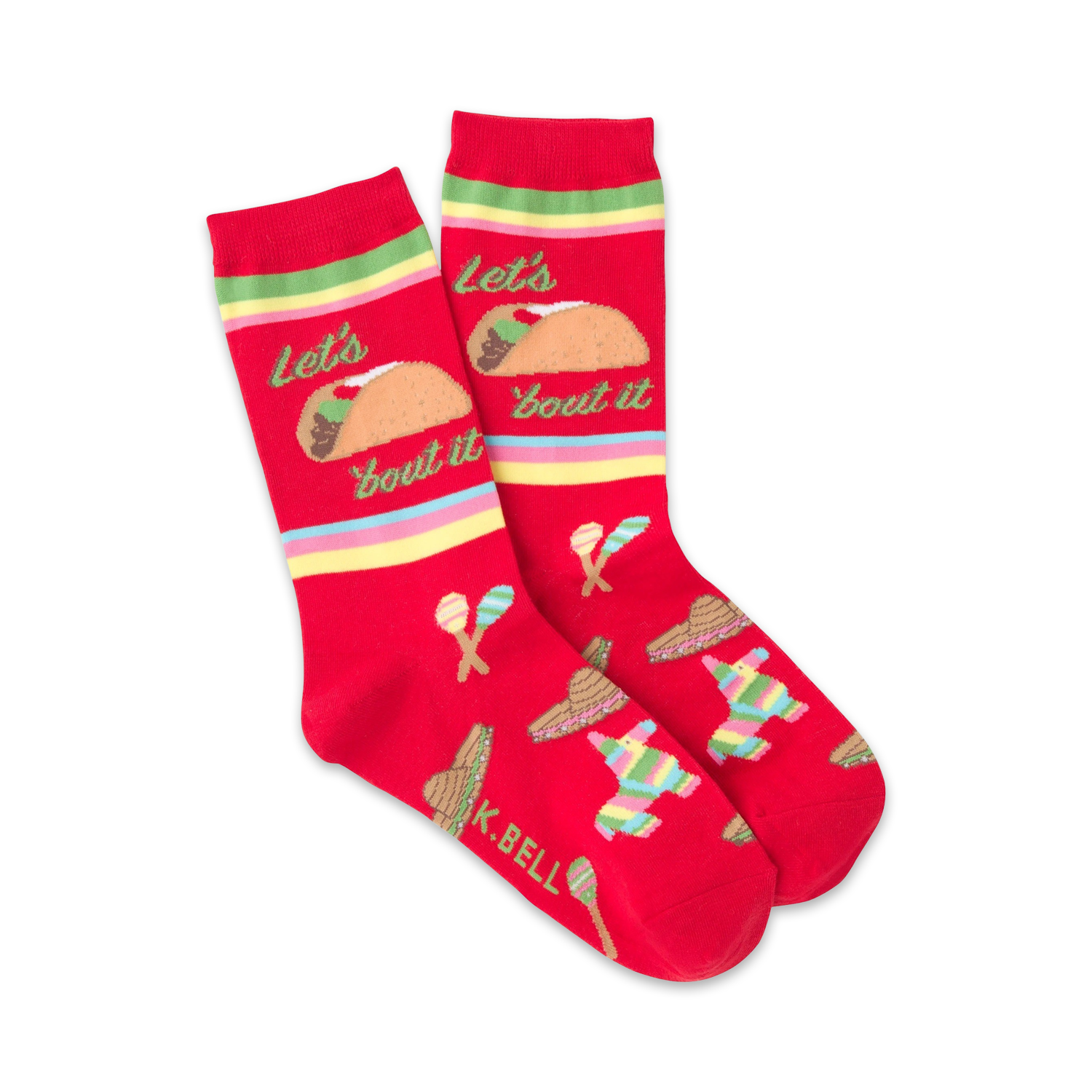 Pair of red crew socks with a taco graphic, 'Let's Taco Bout It' text, and fiesta-themed designs like a piñata and maracas.